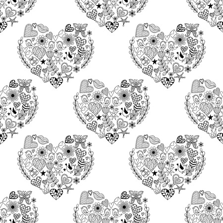Hand drawn artistically ethnic ornamental seamless black pattern with heart and romantic doodle elements of St. Valentine days, zentangle vector illustration  for adult coloring book, pages, tattoo, t-shirt or prints.のイラスト素材