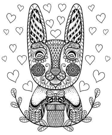 Hand drawn Easter Rabbit with gift and hearts in doodle, patterned bunny in zentangle tribal style for coloring pages, tattoo or artistically ethnic ornamental  prints. Animal vector illustration.のイラスト素材