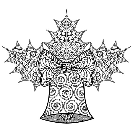 Coloring pages with Christmas decorative Bell and mistletoe, zentangle patterned illustration for adult anti stress Coloring books, tattoos, New Year posters, vector sketch isolated on black background.のイラスト素材
