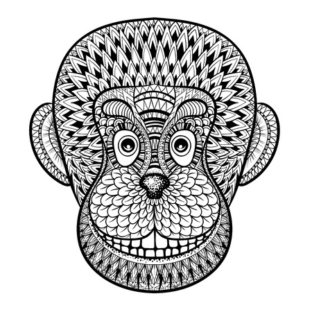 Coloring pages with head of Monkey, Gorilla, zentangle illustration for adult anti stress Coloring books or tattoo design with high details isolated on white background. Vector animal sketch.のイラスト素材