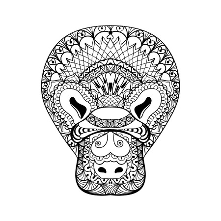 Zentangle Platypus head totem for adult anti stress Coloring Page for art therapy, tribal illustration in doodle style. Vector monochrome sketch with high details isolated on white background.のイラスト素材