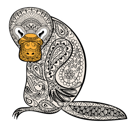 Zentangle Australian platypus totem for adult anti stress Coloring Page for art therapy, tribal illustration in doodle style. Vector color sketch with high details isolated on white background.のイラスト素材
