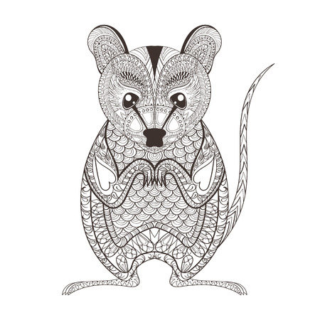 Zentangle brown  Possum totem for adult anti stress Coloring Page for art therapy, illustration in doodle style. Vector monochrome sketch with high details isolated on white backgroundのイラスト素材
