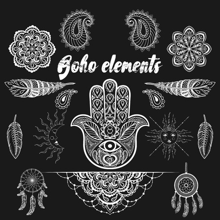 Vector bohemian ornamental elements, ethnic makhenda,  hand drawn boho tattoo design in doodle style. Zentangle patterned illustration isolated on black background. Henna spirituality.のイラスト素材