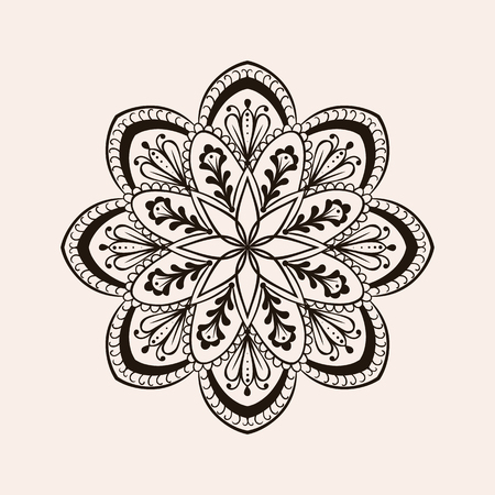 Vector henna ethnic mandala, boho tattoo design in doodle style. Ornamental tribal patterned illustration for adult anti stress coloring pages. Hand drawn zentangle sketch isolated on background.のイラスト素材