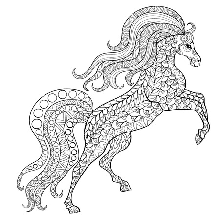 Hand drawn horse for antistress Coloring Page with high details isolated on white background, illustration in zentangle style. Vector monochrome sketch. Animal collection.のイラスト素材