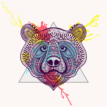 Zentangle stylized violet Bear face in triangle frame with watercolor ink drop. Hand Drawn doodle vector illustration. Sketch for tattoo or makhenda. Animal collection.のイラスト素材