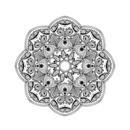 Zentangle stylized Elegant Round Indian Mandala.  Hand drawn vintage Ornament Pattern on white background. Yoga spirit.のイラスト素材