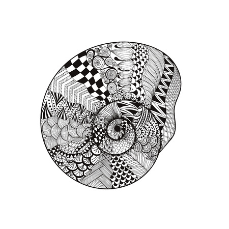 Zentangle stylized black seashell. Hand Drawn vector illustration isolated on white backgrounds. Sketch for tattoo or makhenda. Seashell collection. Ocean life.のイラスト素材