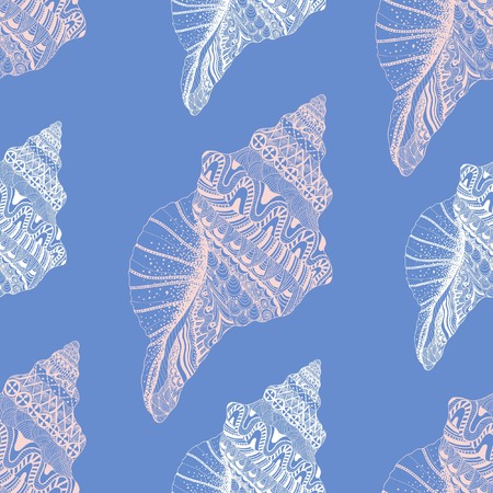 Zentangle stylized sea cockleshell seamless pattern. Hand Drawn doodle vector illustration. Sketch for tattoo or makhenda. Seashell collection. Ocean life.のイラスト素材