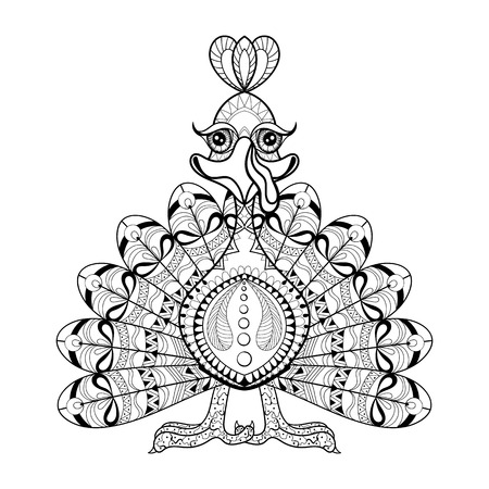 Hand drawing Turkey for adult anti stress coloring pages, Thanksgiving day card, artistic farm domestic bird in zentangle tribal style, patterned illustration, vector tattoo. Ornamental sketch.のイラスト素材