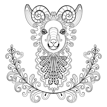 Ram with floral frame. wreathe. Vector zentangle Ram Head illustration,  Goat print for adult anti stress coloring page. Hand drawn artistically ornamental patterned decorative Sheep for tattoo designのイラスト素材