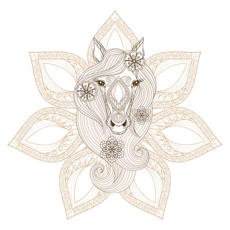 Vector Horse. Coloring page with Horse face on mandala background. Hand drawn patterned Horse with flowers in hairs, artistically decorative Horse for adult anti stress colouring books.のイラスト素材