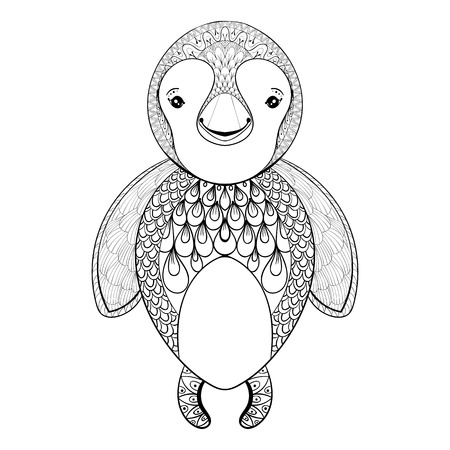 Vector pinguin for adult coloring page. Hand drawn funny pinguin kids for t-shirt print in zentangle style, tattoo design, ornamental animal logo. Patterned doodle with smiled happy pinguin.のイラスト素材