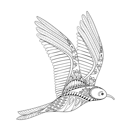 Vector Seagull. Zentangle Common Gull illustration, flying bird gull for adult anti stress coloring page. Hand drawn artistically ornamental patterned decorative animal for tattoo, boho designのイラスト素材