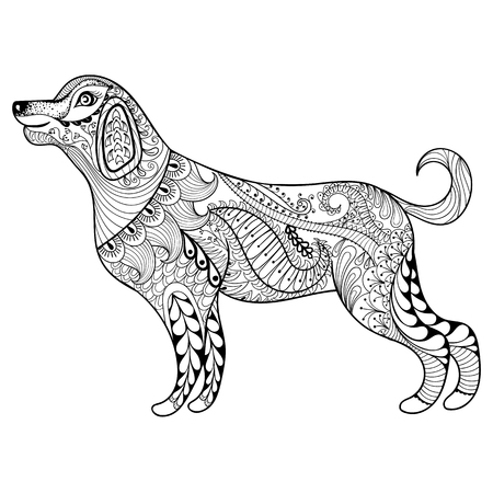 Vector zentangle dog print for adult coloring page. Hand drawn artistically ethnic ornamental patterned illustration. Animal collection.のイラスト素材