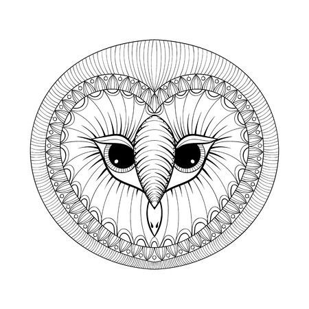 Coloring page with Owl head, zentangle stylized hand drawing illustartion, tribal totem, mascot, doodle bird for art therapy books or tattoo, logo design, postcard. Vector monochrome sketch of polar bird.のイラスト素材
