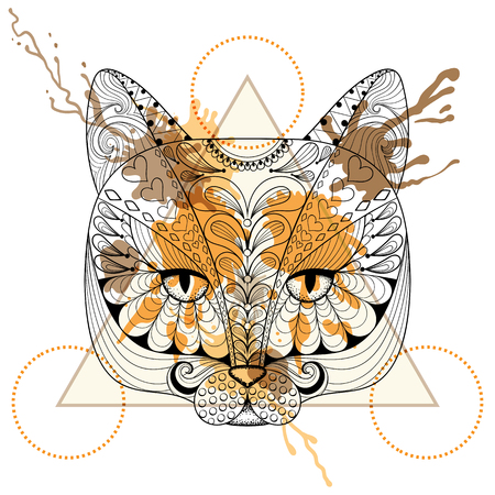 Hand drawn vector Cat head for adult coloring page in zentangle, henna tattoo style. Patterned Cat with watercolor ink drop in triangle frame. Hipster design for t-shirt print.のイラスト素材