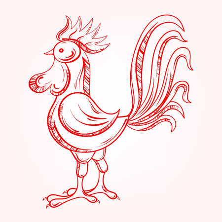 Vector Cock, Rooster, New Year 2017 symbol, hand drawn domestic farmer Bird, patterned illustration for tattoos with high details. Chicken, Cock sketch for print, t-shirt, post card.のイラスト素材