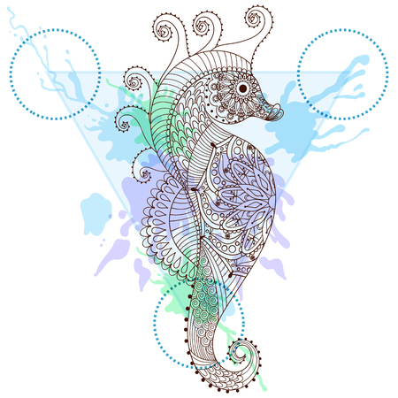Zentangle stylized Sea Horse in triangle frame with watercolor ink drop. Hand Drawn doodle vector seahorse illustration. Sketch for tattoo or makhenda. Hipster artistically patterned animal print.のイラスト素材