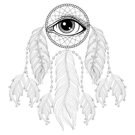 Hand drawn bohemian Dreamcatcher with Eye, Native American Indian talisman for adult coloring pages, post card, t-shirt, Boho style. Isolated illustration in doodle, henna tattoo design.のイラスト素材