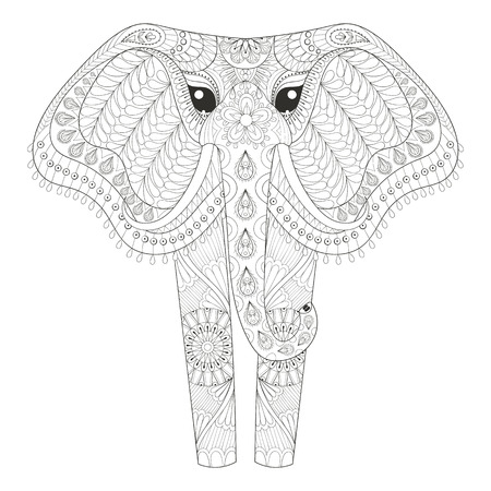 Ornamental Elephant for adult coloring pages, Hand drawn animal post card, mehendi t-shirt print. Isolated animal illustration in doodle, boho style, henna tattoo design.のイラスト素材