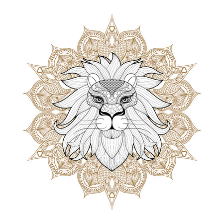 Hand drawn Ornamental Lion on mehendi mandala for adult coloring pages, post card, t-shirt print, Leo icon. Isolated animal illustration in doodle, boho style, henna tattoo design.のイラスト素材