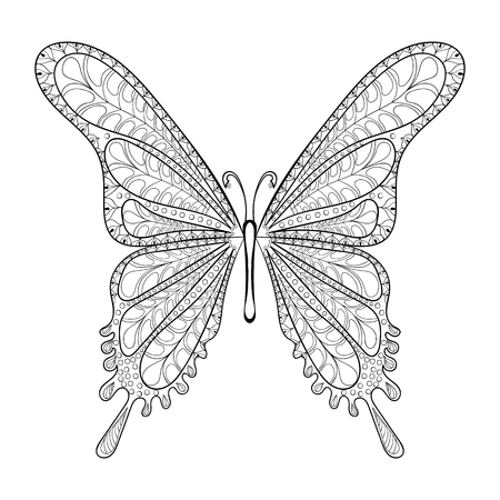 Hand drawn tribal butterfly pattern for adult anti stress coloring pages, post card, t-shirt print, logo icon. Boho, bohemian style. Isolated illustration in doodle, henna tattoo design.のイラスト素材