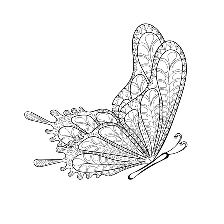 Hand drawn tribal flying butterfly for adult anti stress coloring pages, post card, t-shirt print. Boho, bohemian style. Isolated illustration in doodle, henna tattoo design.のイラスト素材