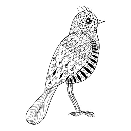 Hand drawn artistic Bird for adult antistress coloring pages, art therapy post card, patterned t-shirt print, Boho tribal style. Isolated illustration in doodle, henna tattoo design.のイラスト素材