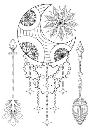 Bohemian Moon and Sun with Arrows. Hand drawn Bohemian Moon and Sun with Arrows. Hand drawn Moon, Sun, Arrows set for adult coloring pages, ethnic patterned t-shirt, Boho chic tribal style. Doodle Illustration, henna tattoo design. A4.のイラスト素材