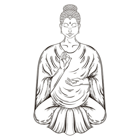 Vector Sitting Buddha in Lotus pose, teaching Buddhism, tattoo art, religion t-shirt print. Monochrome vintage hand drawn illustration.  Spiritual, yoga motifs, symbol of Tibet, Asia.のイラスト素材