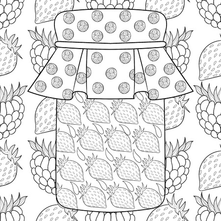 stylized jar with strawberry jam on berries background. Freehand sketch for adult anti stress coloring page with doodle elements. Artistic vector illustration for  ethnic autumn t-shirt print, patterned tattoo.のイラスト素材