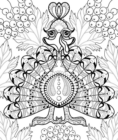 stylized Turkey with autumn leaves for Thanksgiving day. Freehand sketch for adult anti stress coloring page with doodle elements. Ornamental artistic vector illustration. A4 sizeのイラスト素材