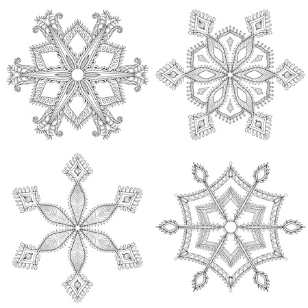 winter snowflakes set for Christmas, New Year. Freehand artistic ethnic vector illustration for adult coloring pages, art therapy, bohemian tattoo, t-shirt patterned print, postersのイラスト素材
