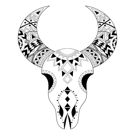 animal Skull. Freehand boho, tribal sketch for adult anti stress coloring page with doodle ethnic elements. Ornamental artistic vector illustration for spiritual romantic tattoo, t-shirt.のイラスト素材