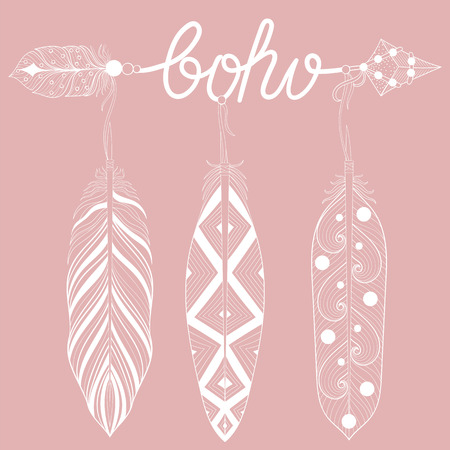 Bohemian Arrow on pink background, letters Boho with henna feathers. Arrows for adult coloring pages, art therapy, ethnic patterned t-shirt print. Boho chic style. Doodle Illustration, tattoo design.のイラスト素材