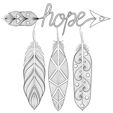 Bohemian Arrow, Hand drawn Amulet with letters Hope, with feather. Decorative Arrows for adult coloring pages, ethnic patterned t-shirt print. Boho chic style. Doodle Illustration, tattoo design.のイラスト素材