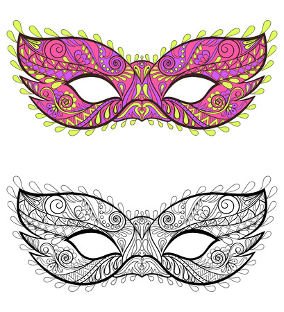 Bohemian Festive Masks set. Decorative Vector carnival elements for adult coloring pages, fashion print, hand drawn ethnic patterned t-shirt print. Boho chic style. Doodle Illustration, tattoo design.のイラスト素材