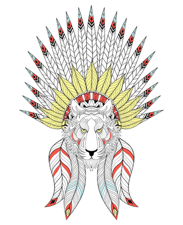 Vector Tiger with War Bonnet. American headdress with  feathers for adult coloring pages, ethnic patterned t-shirt print, tattoo design. Boho chic style. Doodle Illustration.のイラスト素材