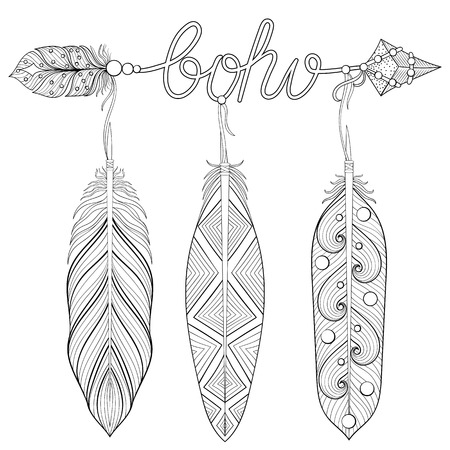 Bohemian Arrow, Hand drawn Amulet wih word Boho and feathers for adult coloring pages, art therapy, ethnic patterned t-shirt print. Bohochic style. Doodle Illustration, tattoo design.のイラスト素材