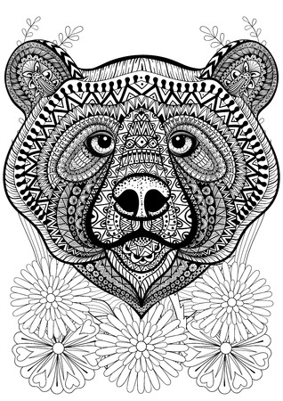 stylized bear face on flowers. Hand drawn ethnic animal for adult coloring pages, art therapy, boho t-shirt patterned print, posters, t-shirt. Vector isolated illustration. A4 size.のイラスト素材