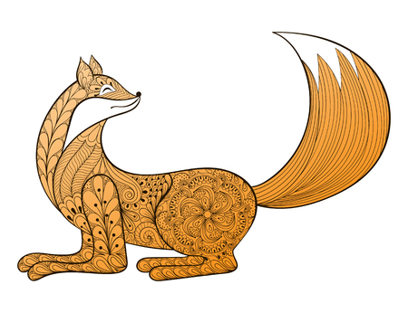 Vector happy Fox. Hand drawn artistic Animal for adult coloring pages, art therapy, ethnic patterned t-shirt print, Boho tribal style. Isolated illustration in doodle, henna tattoo design.のイラスト素材