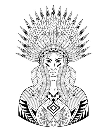 Vector Portrait of Indian head with War Bonnet. Decorative native man with feathers for adult coloring page, Tattoo art, ethnic patterned t-shirt print. Doodle Illustration design.のイラスト素材