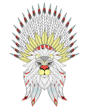 Vector Lion with War Bonnet. American native headdress with color feathers for adult coloring pages, ethnic patterned t-shirt print, tattoo design. Boho chic style. Doodle Illustration.のイラスト素材