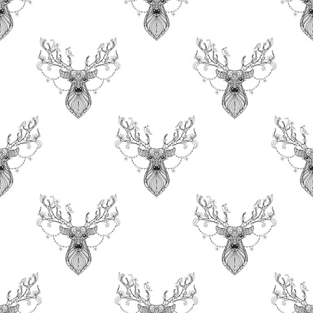 Magic reindeer seamless pattern in style. Freehand ethnic Xmas sketch for adult coloring book. Ornamental artistic vector illustration. New Year 2017 collection.のイラスト素材