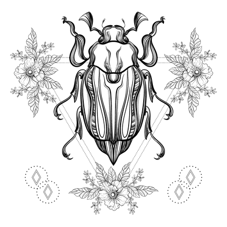 Boho tattoo. Blackwork Scarab beetle, May bug in hipster triangle frame, flowers. Vector illustration, spiritual tattoo sketch isolated on white for t-shirt print, poster, textile. Line art drawing.のイラスト素材
