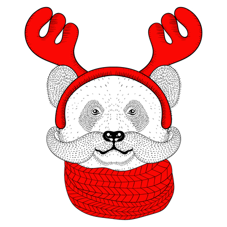 Sketch panda face with mustache in a reindeer antlers with knitted scarf. Hand drawn doodle vector illustration for Christmas greeting cards, posters.のイラスト素材