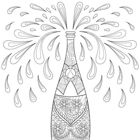 Champagne explosion bottle, style. Freehand sketch for adult coloring page, greeting Happy 2017 New Year, poster. Ornamental artistic vector illustration for tattoo, t-shirt print.のイラスト素材