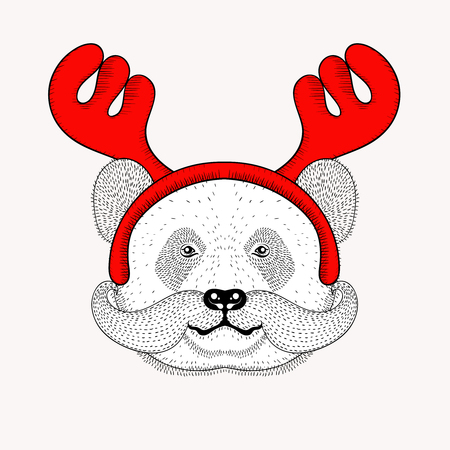 Sketch panda face with mustache in a reindeer antlers. Hand drawn doodle vector illustration for Christmas greeting cards, posters.のイラスト素材